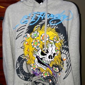 ED HARDY YELLOW HAIR SKULL HEATHER GREY PULLOVER HOODIE